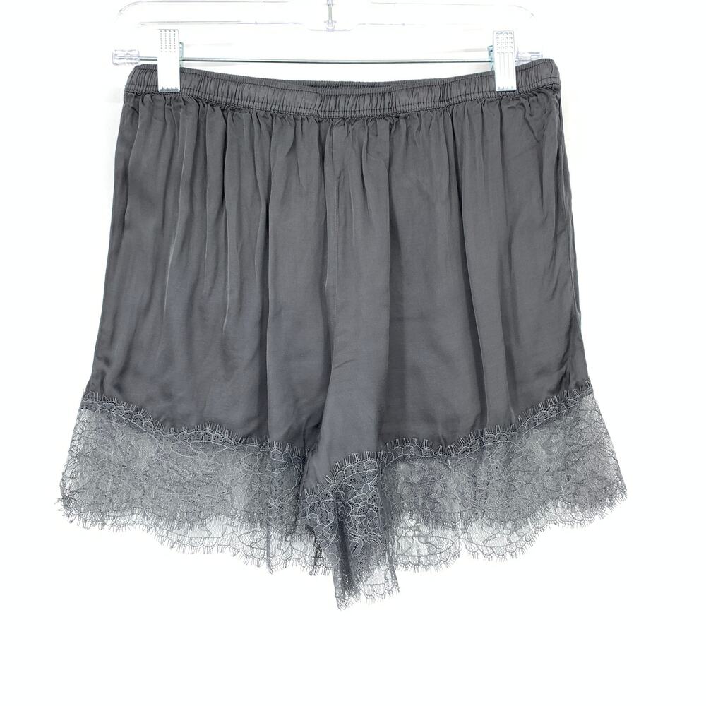 By Anthropologie Satin + Lace Pajama Set Cropped Top W/Shorts Gray Size Medium - Picture 3 of 13